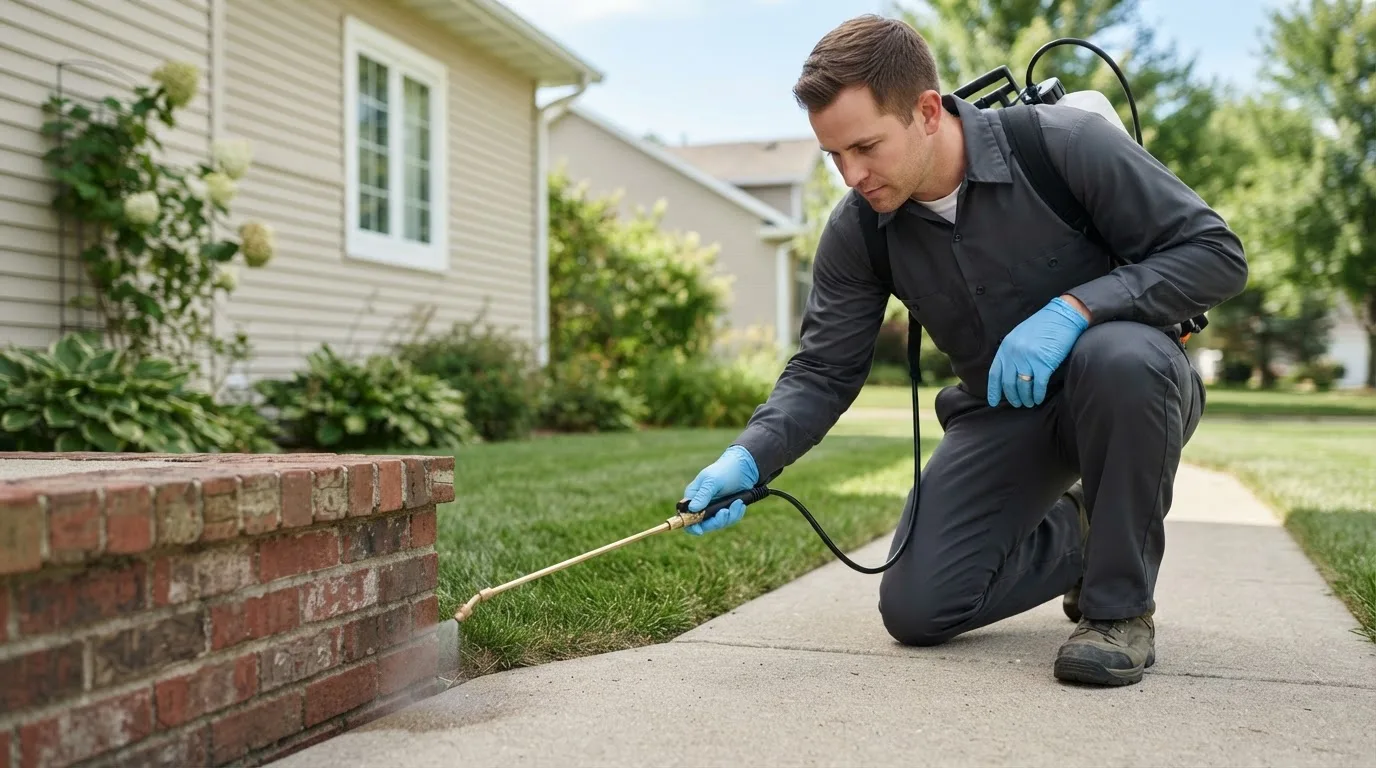 Pest control technician treating a home near Mansfield, MO